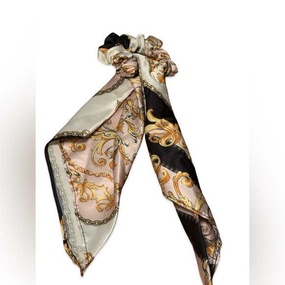 Accessories - Silk Scarf Hair Scrunchie with Tails – Baroque Chain Print
